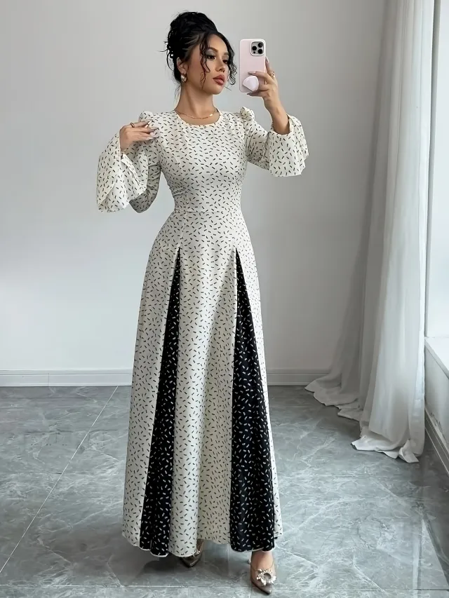 Black And White Patchwork Print Slim waist Flared Sleeve Long Dress Black - Shop at LoveMi