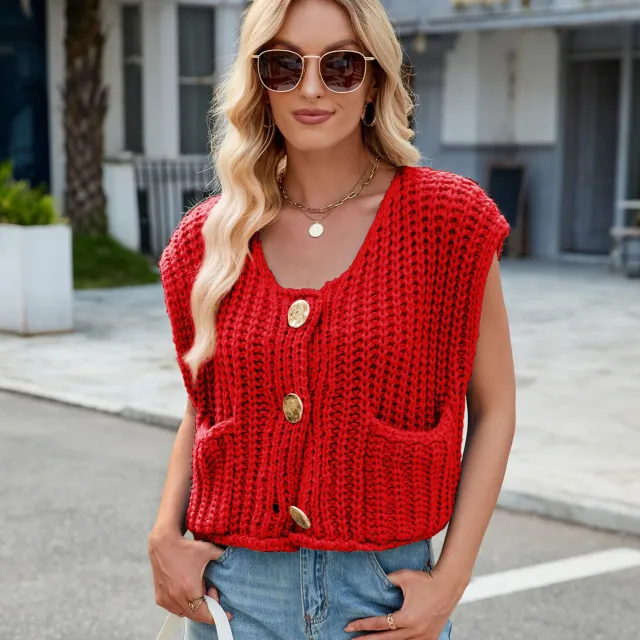 Women's V neck Three button Sleeveless Cardigan Bright Red - Shop at LoveMi