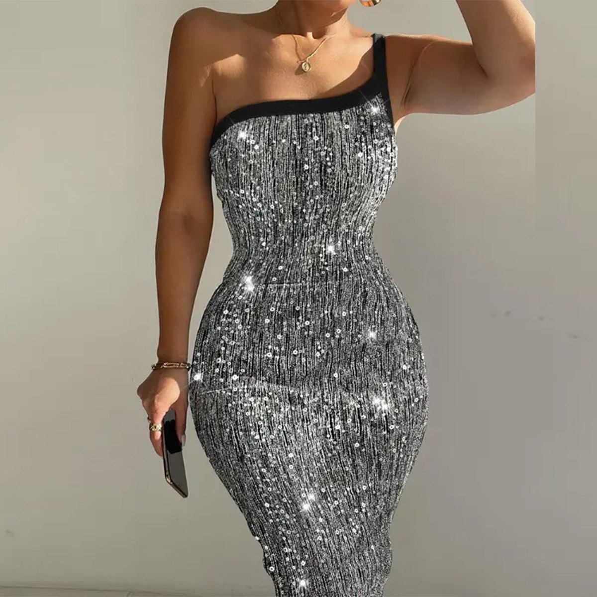 New Sequin Retro Sexy One-shoulder Sling Backless Stretch Dress