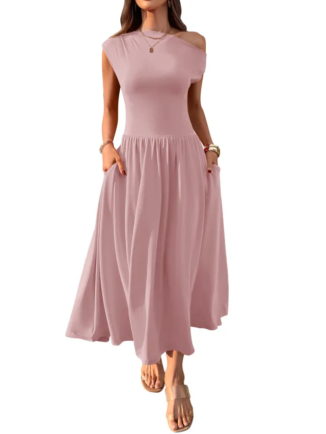 Slant Shoulder Sexy Waist Trimming Long With Pocket Dress Pink - Shop at LoveMi