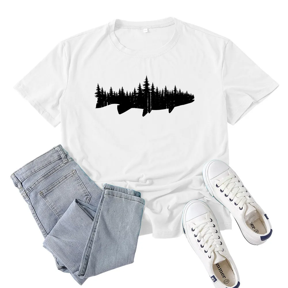 Women's Fashion Casual Loose Fish And Forest Print T-Shirt - White