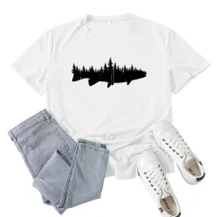 Women's Fashion Casual Loose Fish And Forest Print T-Shirt - White - View 1
