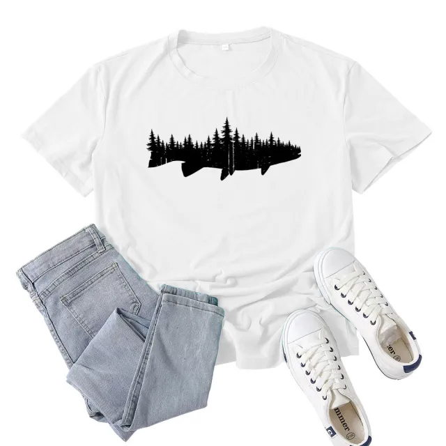 Women's Fashion Casual Loose Fish And Forest Print T Shirt White - Shop at LoveMi