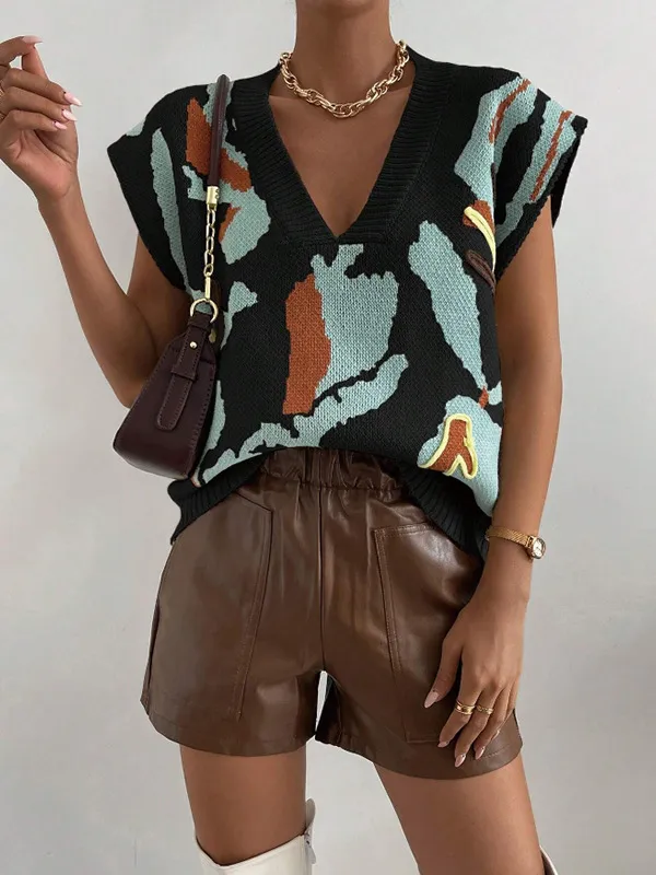 Knitted Vest V neck Thread Jacquard Vest Black - Shop at LoveMi