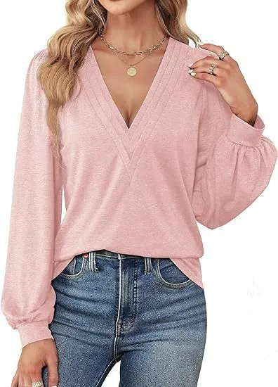 V neck Casual Long Sleeve Top Pink - Shop at LoveMi