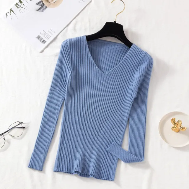New V neck Long Sleeve Base Knitting Autumn All matching Slim Fit Tight Pullover Sweater Blue - Shop at LoveMi