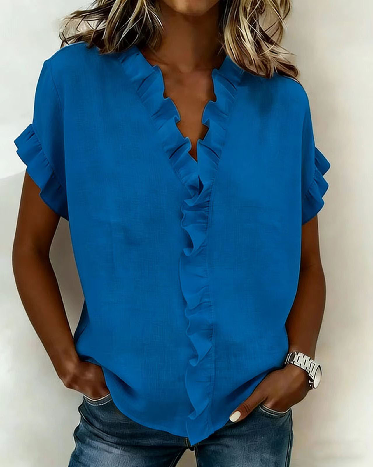 V-neck ruffle sleeve solid color top final product image, all four color options