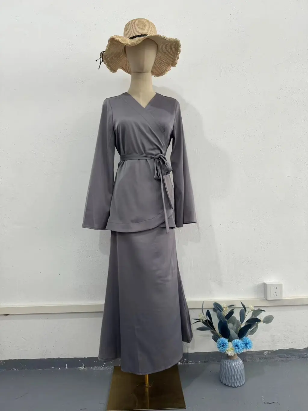 Fashion Satin Patchwork Long Dress Suit Women