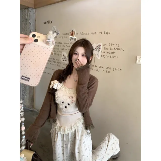 Bear Suspenders Coffee Color Cardigan Bow Pants Suit Coat Vest Trousers - Shop at LoveMi
