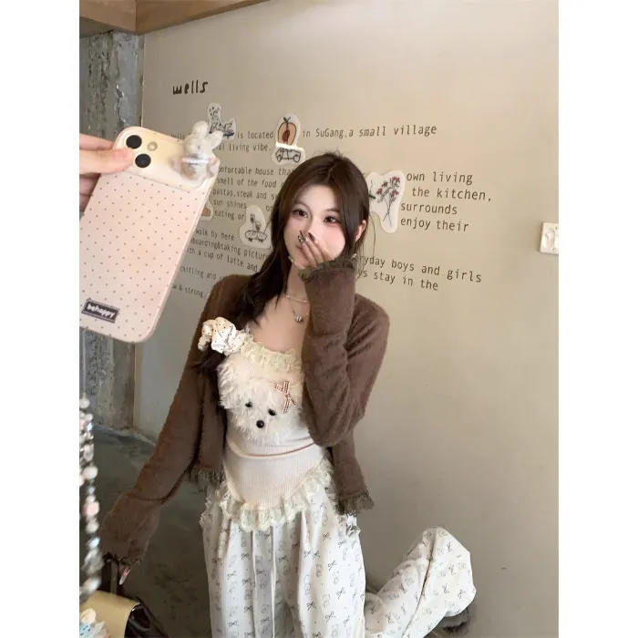 Bear Suspenders Coffee Color Cardigan Bow Pants Suit - Coat Vest Trousers