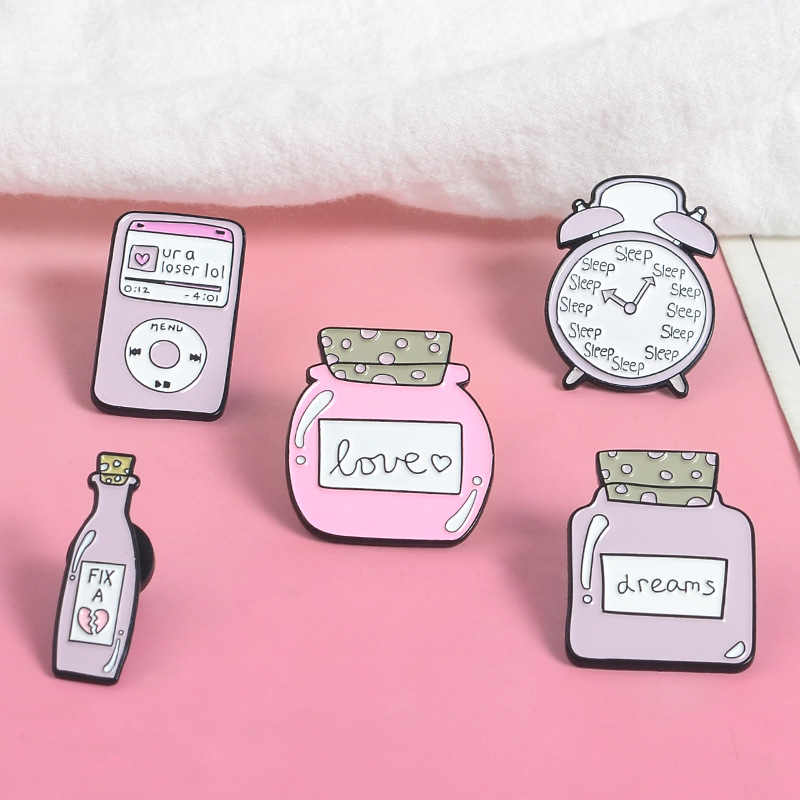 Title 6, Cute Cartoon Pink Alarm Clock Bottle Alloy Brooch