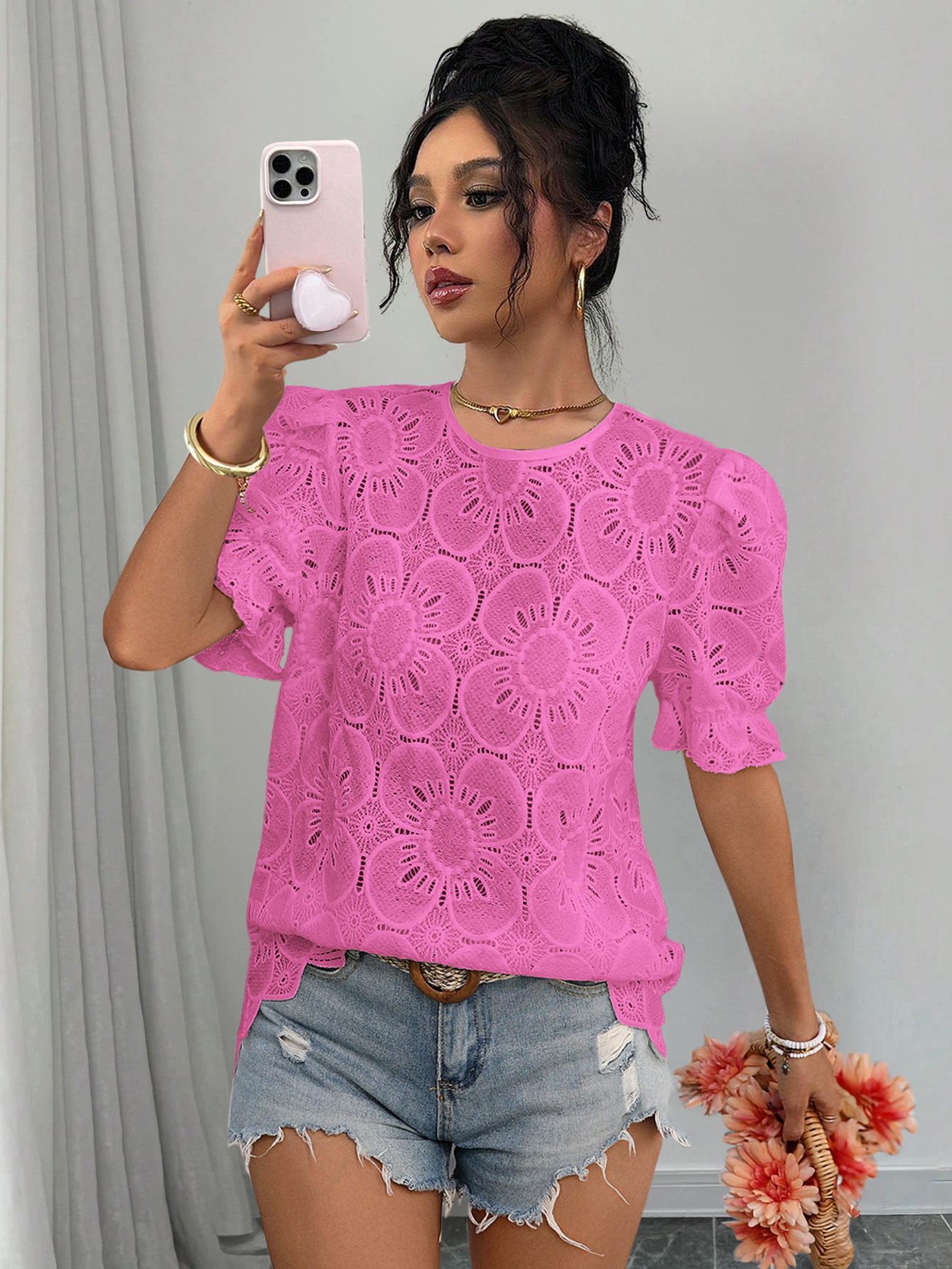 Women's hollow-out lace top – magenta puff sleeve shirt