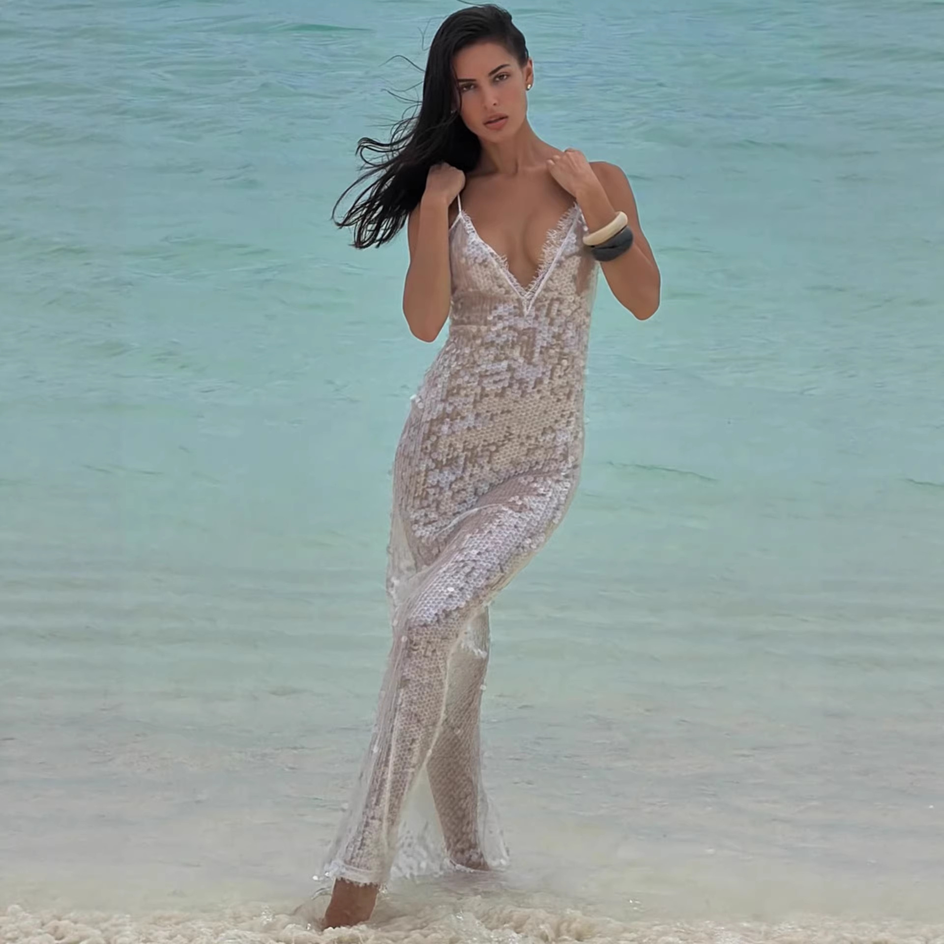 Sequin Sexy Spliced Lace Sheer Long Dress