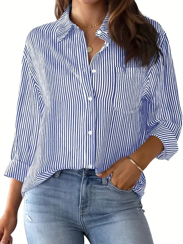 Tops Stand Alone Long Sleeve Shirt Printed Shirt Blue Stripes - Shop at LoveMi