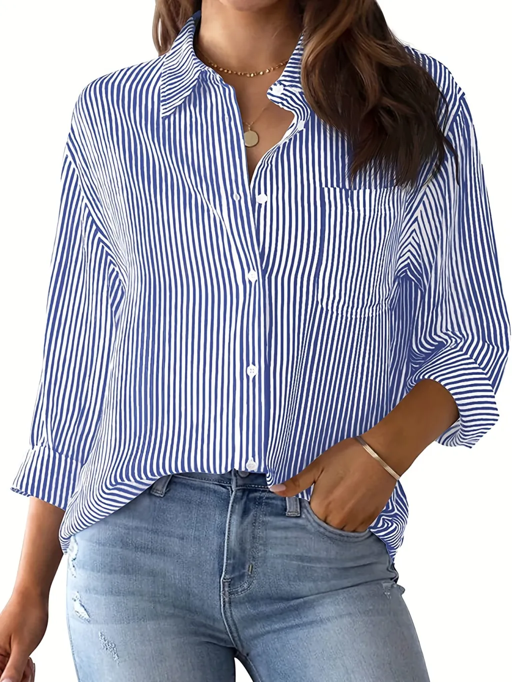 Tops Stand Alone Long Sleeve Shirt Printed Shirt - Blue Stripes