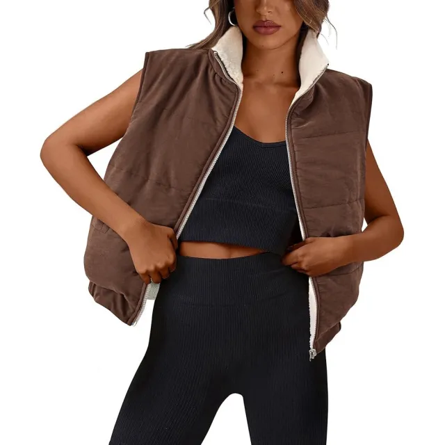 Women's Autumn And Winter Vest Lambswool Zip Sleeveless Brown - Shop at LoveMi
