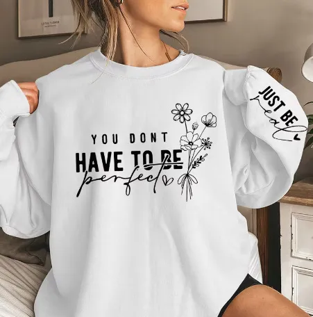 Pullover Round Neck Long Sleeves Flowers Letter Print Sweatshirt White - Shop at LoveMi