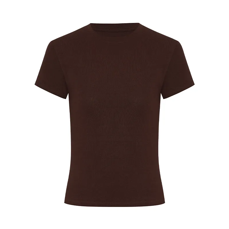 Korean Style Solid Color Shoulder Slim Temperament Casual Short-sleeved Top Women - Dark Brown