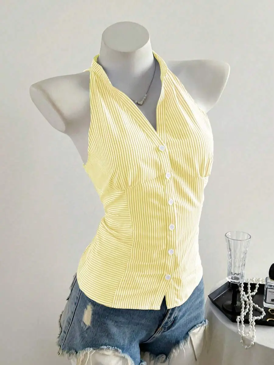 Women's Niche Short Striped Sleeveless Shirt