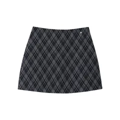 Retro Collegiate-style Tweed Mini Skirt Women's Skirt High-waisted Plaid Bodycon Skirt - Black - View 1