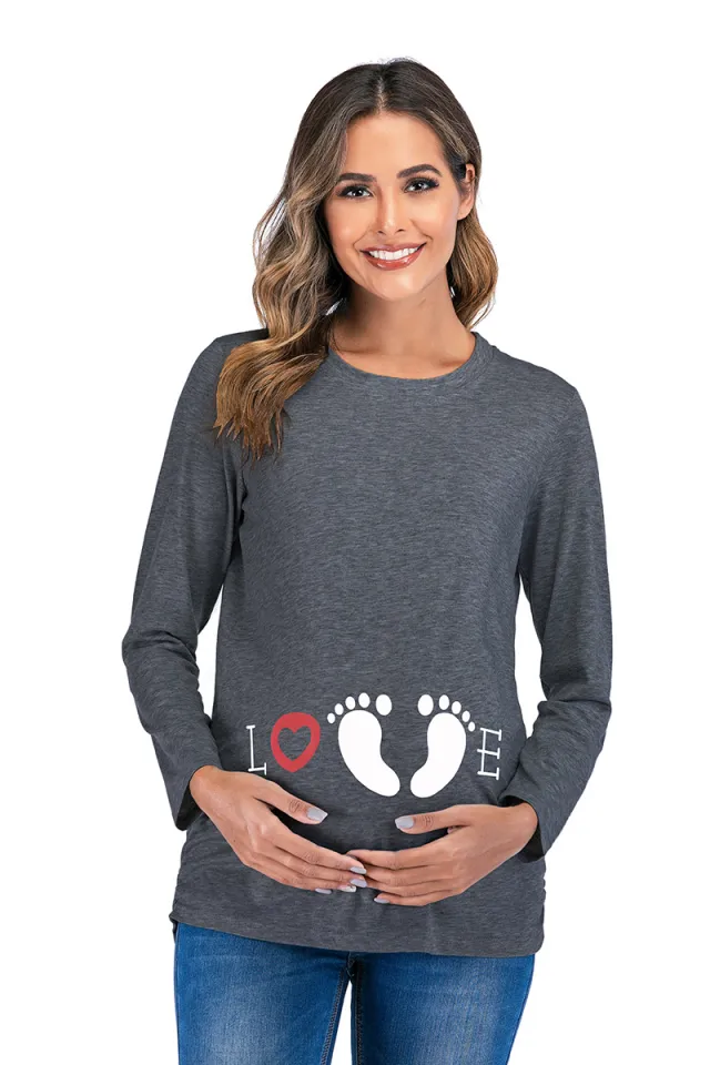 Cotton Pullover Round Neck Loose Maternity T shirt Top Dark Gray - Shop at LoveMi