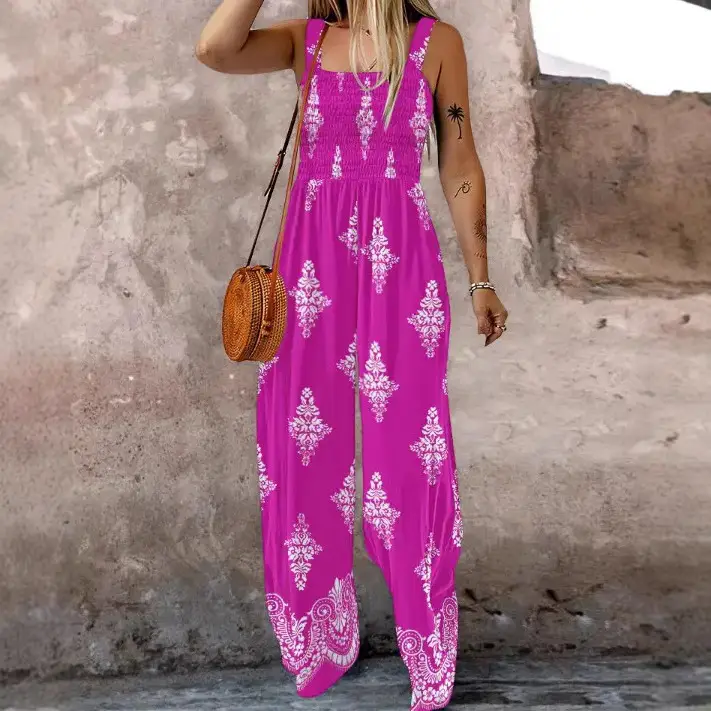 Woven Positioning Printing Women's Sling Pocket Wide Leg Jumpsuit