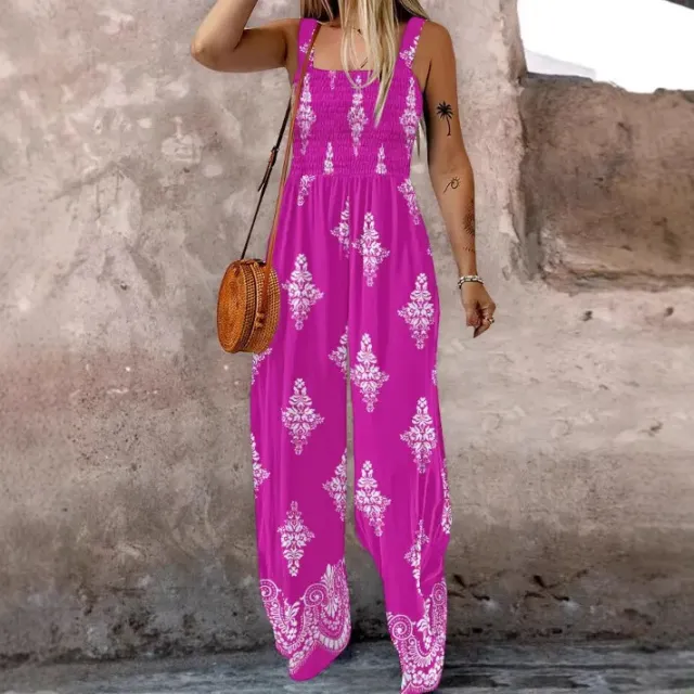 Woven Positioning Printing Women's Sling Pocket Wide Leg Jumpsuit Rose Red - Shop at LoveMi