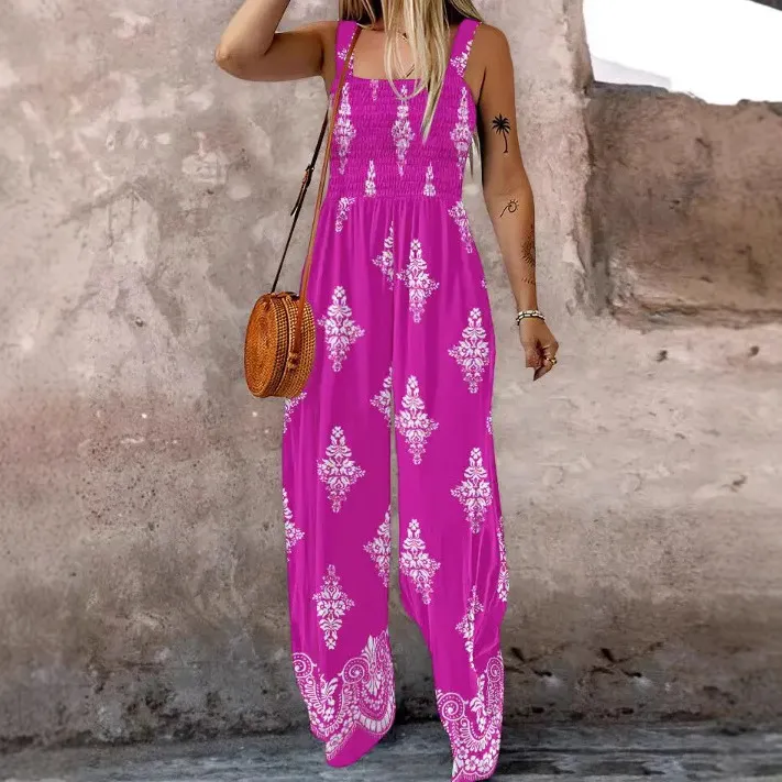 Woven Positioning Printing Women's Sling Pocket Wide Leg Jumpsuit - Rose Red