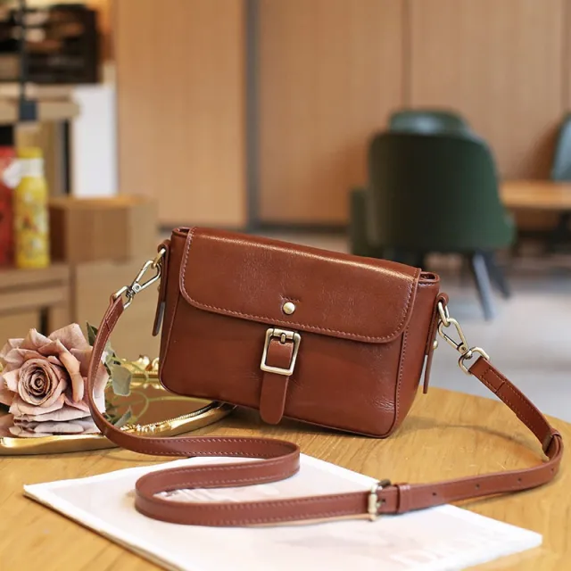 Retro Easy Matching Casual Crossbody Top Layer Vegetable Tanning Leather Shoulder Small Square Bag Tan - Shop at LoveMi