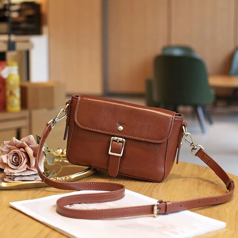 Retro Easy Matching Casual Crossbody Top Layer Vegetable Tanning Leather Shoulder Small Square Bag - Tan