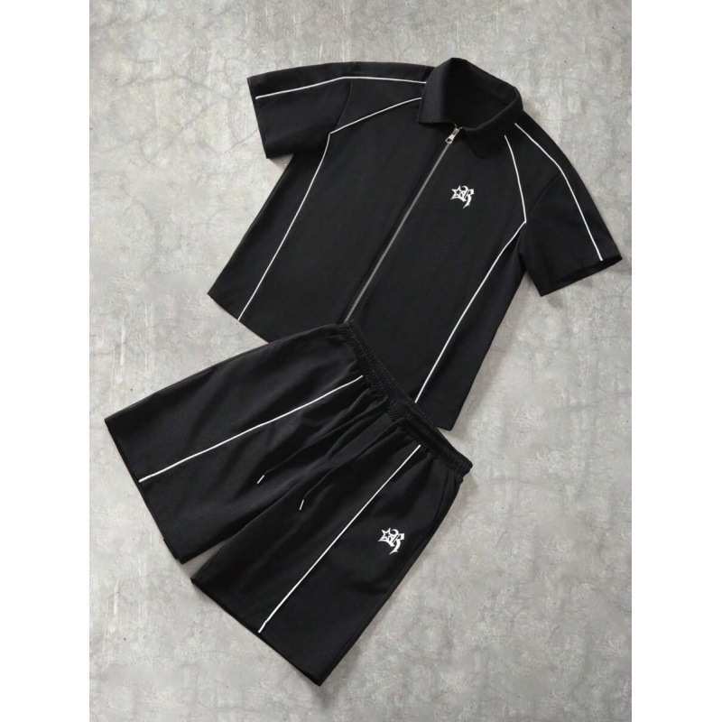 Striped Zip-front Short-sleeve Shirt And Shorts Set LS Zipper Shirt Outfit 10 S