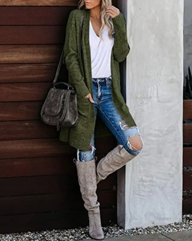 Women's Knitted Pocket Cardigan Long Sleeve Baggy Coat Green - Shop at LoveMi