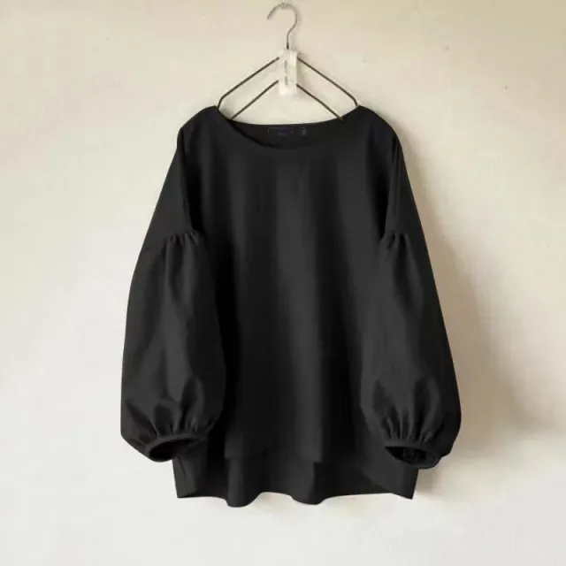 Women's Loose fit Vintage Crew neck Shirt With Puff Sleeves Black - Shop at LoveMi
