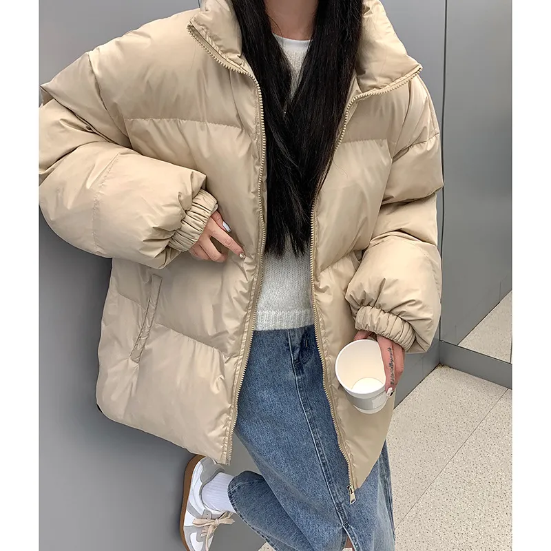 Stand-up Collar Cotton-padded Casual Loose Cotton Coat - Khaki