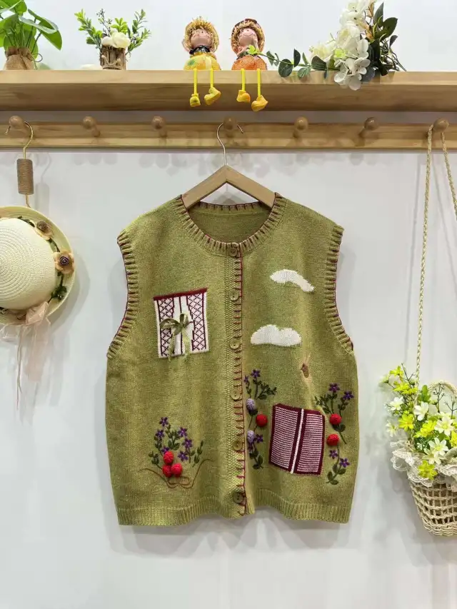 Embroidered Mori Style Mori Girl Retro Literary Cardigan Vest Yellow - Shop at LoveMi