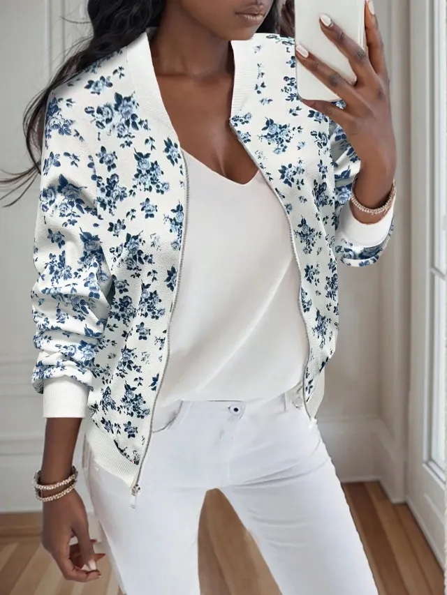 European And American Zipper Baseball Collar Printed Jacket Blue - Shop at LoveMi