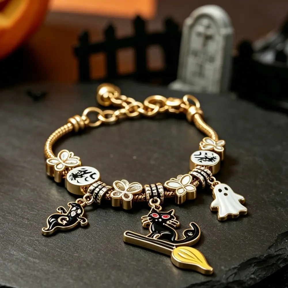 Halloween Beaded Cartoon Magic Cat Pendant Bracelet
