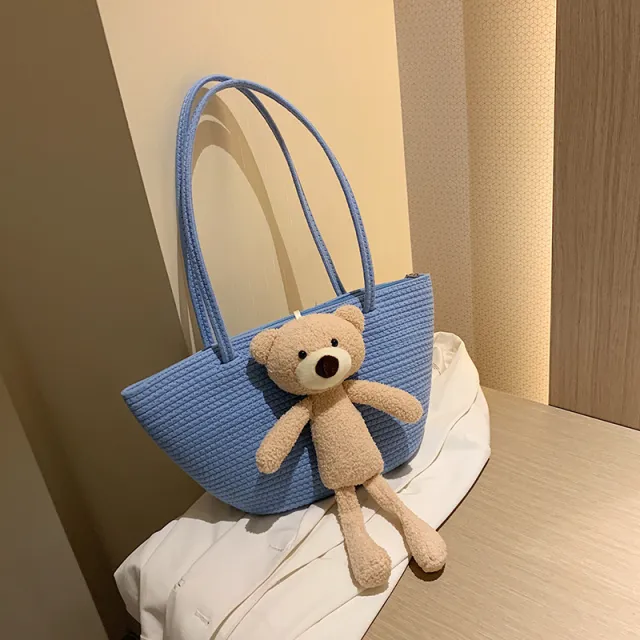 Woven Bag Large Capacity Cute Cotton And Linen Blue - Shop at LoveMi