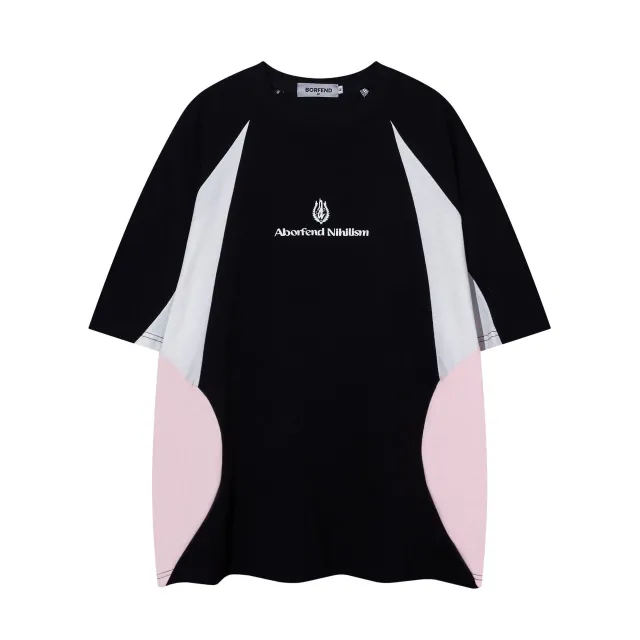 American Fashion Brand Multicolor Printing Stitching Short Sleeve Black - Shop at LoveMi