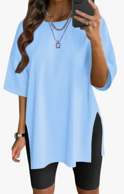 Women's Solid Color Split Short sleeved T shirt Round Neck Loose Top Light Blue - Shop at LoveMi