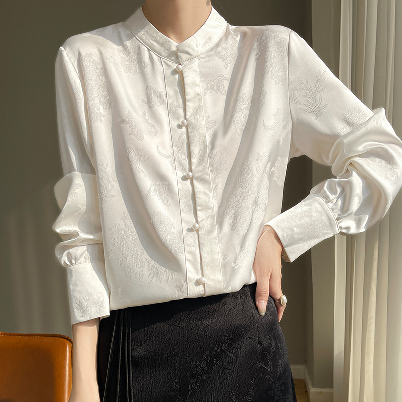Womens Inner-layer Mandarin-collar Button-front Shirt Top