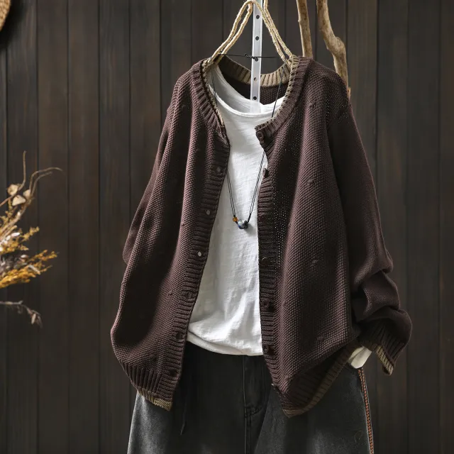 Women's Cardigan Sweater Coat Color Block Cotton Thread Knitting Retro Casual Coffee - Shop at LoveMi