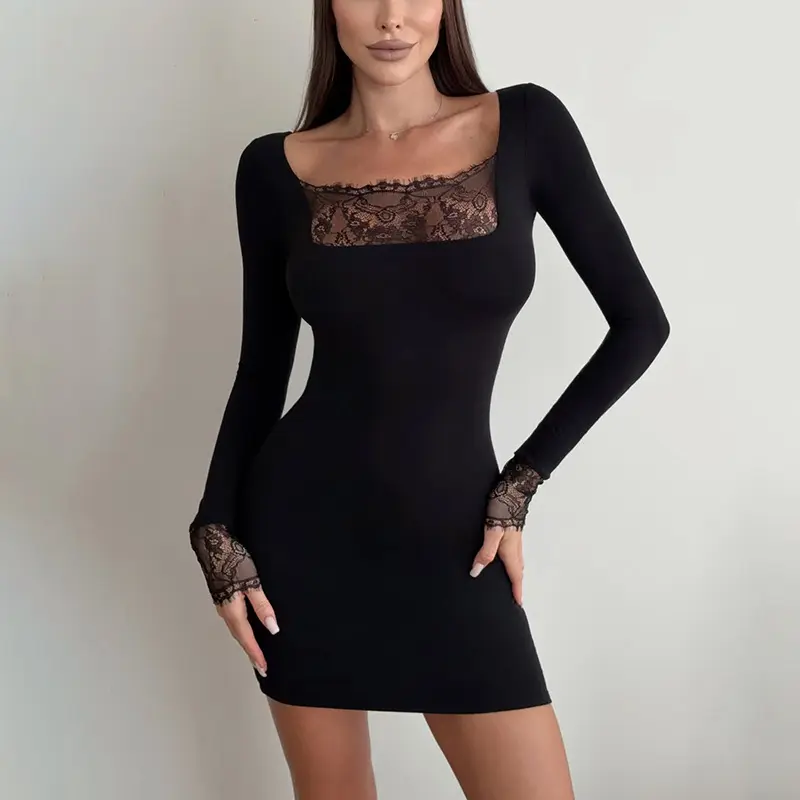Womens Square-neck Lace-panel Long-sleeve Sheath Dress