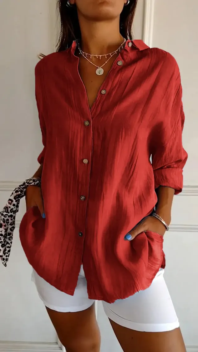 Lapel Long Sleeve Shirt Women's Single breasted Pleated Shirt Red - Shop at LoveMi