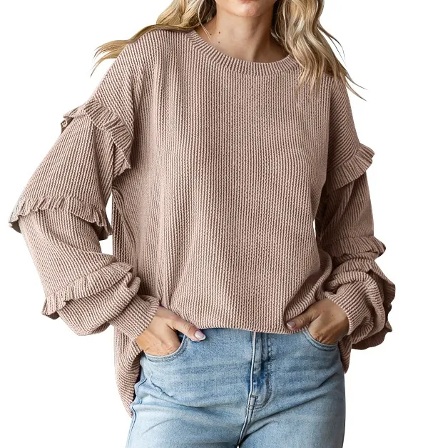 Women's Lantern Sleeve Round Neck Lace Sleeve Top Khaki - Shop at LoveMi