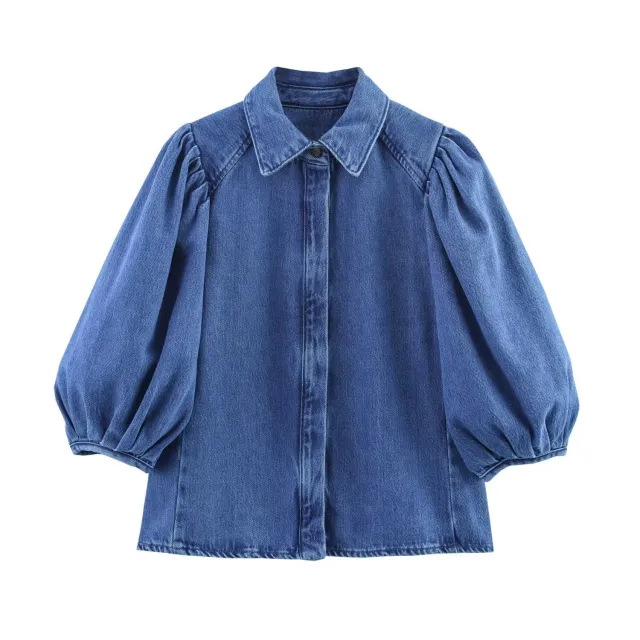Women's Puff Sleeves Denim Shirt Jeans Suit Navy Blue Shirt A03 - Shop at LoveMi