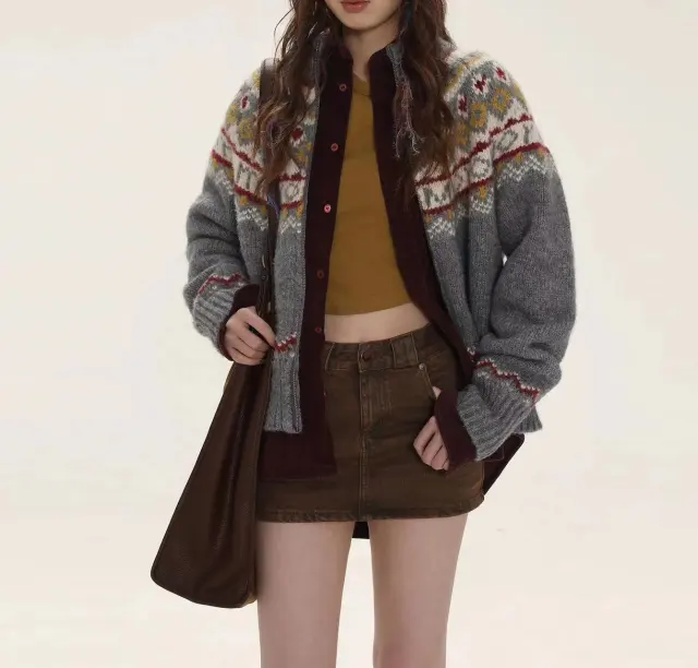 Vintage Sweater Women Autumn Thickening Turtleneck Knitting Cardigan College Coat Gray - Shop at LoveMi