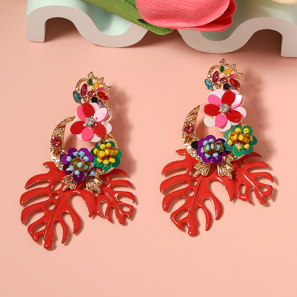 Fashionable Exaggerated Alloy Leaf Earrings With Colorful Rhinestones For Women