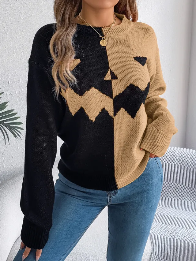 Ghost Pumpkin Contrast Color Long Sleeves Pullover Khaki - Shop at LoveMi