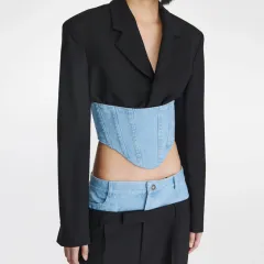 Fashion Long Sleeve Suit Coat Stitching Denim Waist Slimming Back Zipper Suit Top - Black - View 1